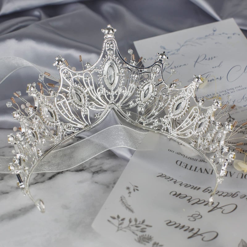 Yolmina Baroque Queen Crown, Sliver Wedding Crown and Tiara for Bride Handmade Princess Crystal Rhinestone Headband Tiaras for Women, Fairy Hair Accessories for Wedding Halloween Party Music Festival - Image 5